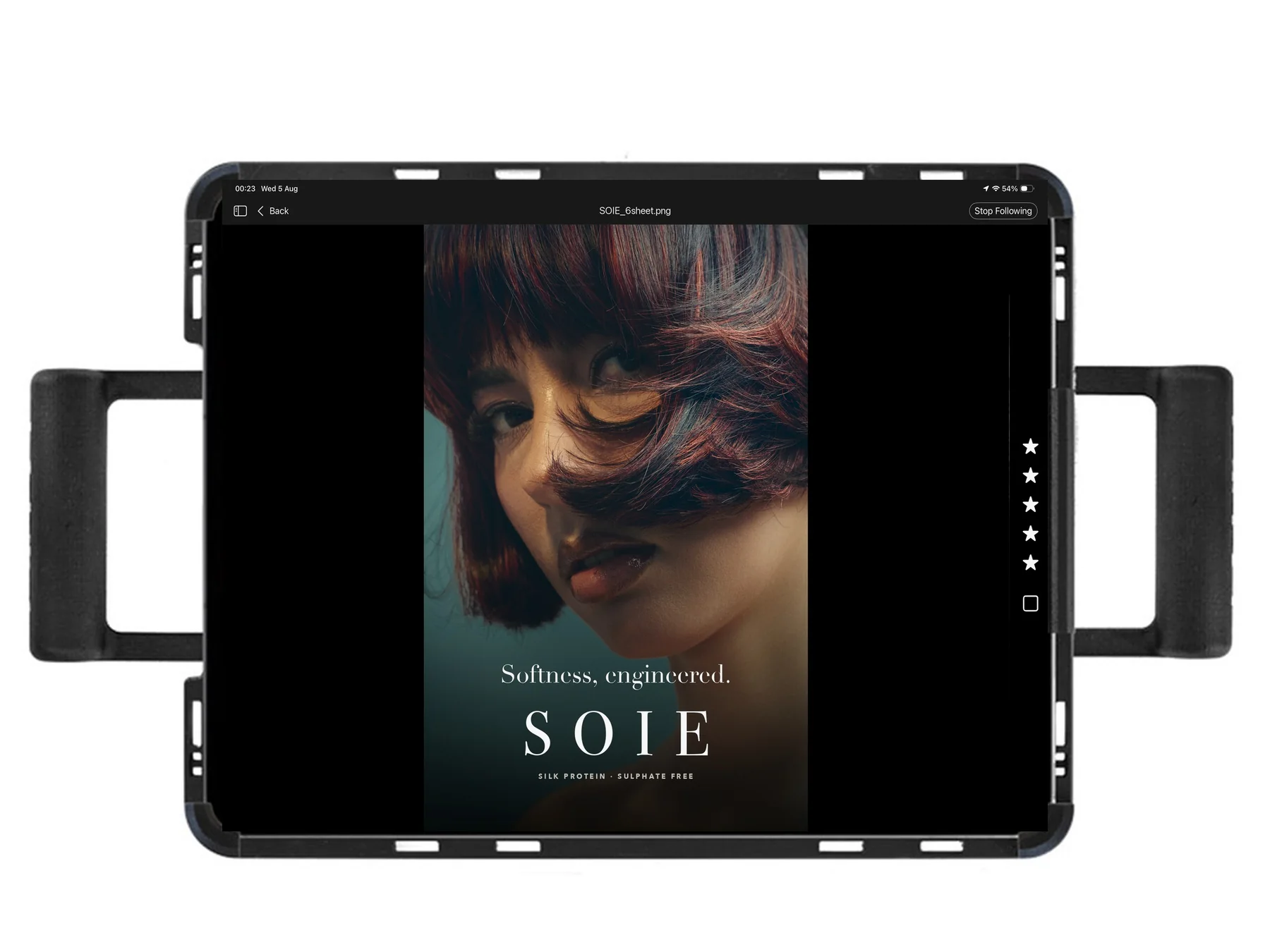 An iPad on set showing the latest frame inside a 6 sheet portrait layout, full screen with no interface