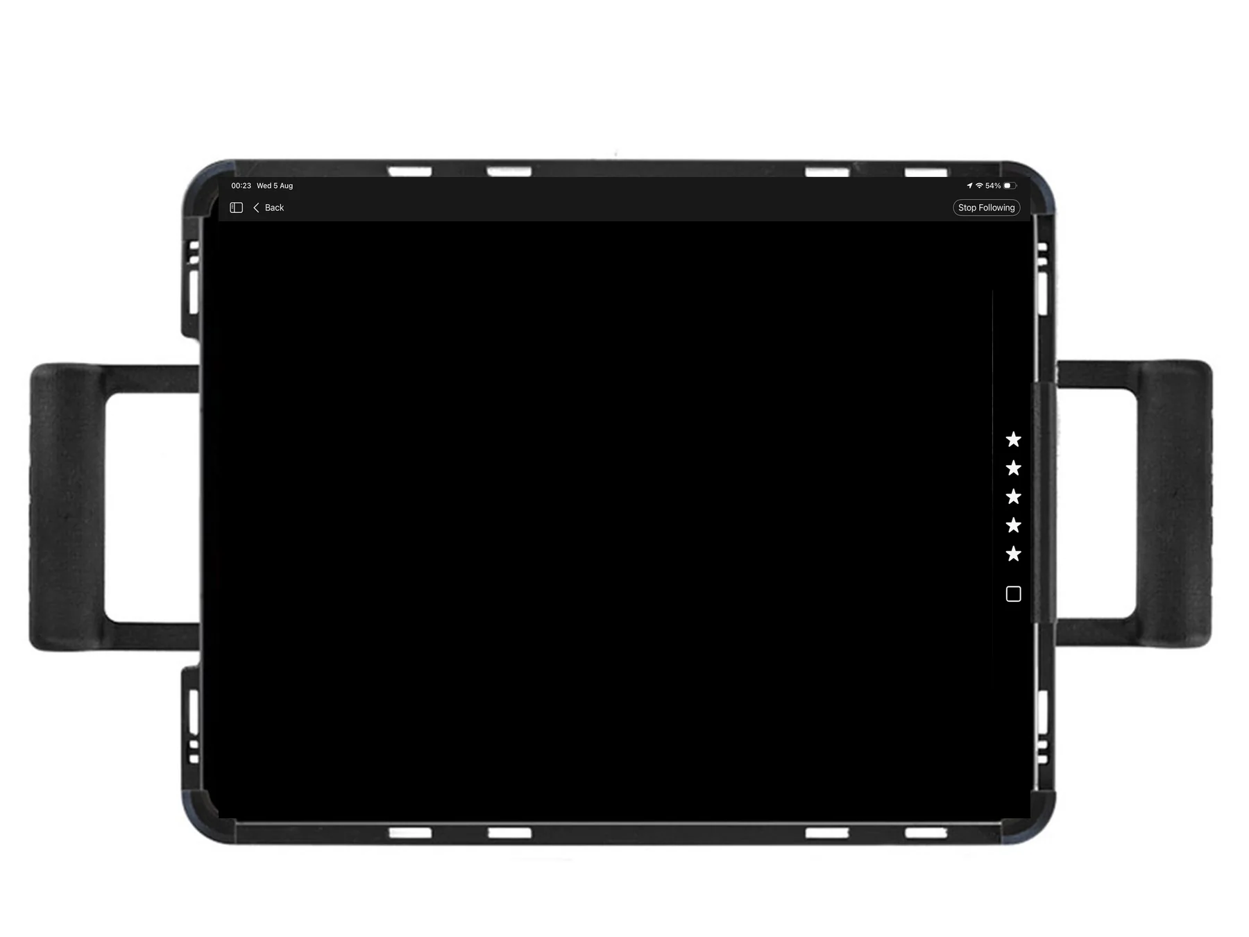 An iPad in a rig on set, running Live for Studio