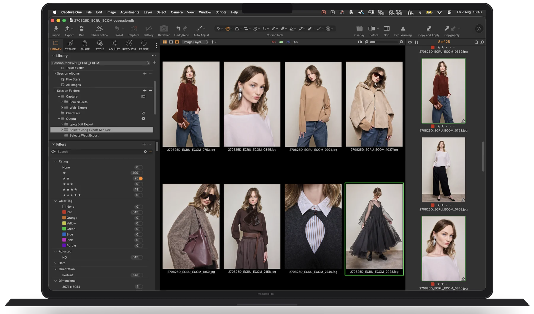 A Capture One browser on a MacBook Pro, filtered to Color Tag Red with 543 images, every thumbnail carrying a red tag